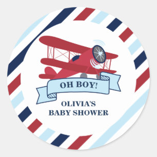 Sticker Rond Baby-Shower Avion Rouge