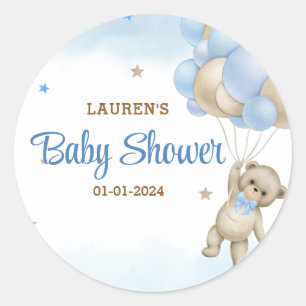 Sticker Rond Baby shower Ballons Bleus Ours Teddy