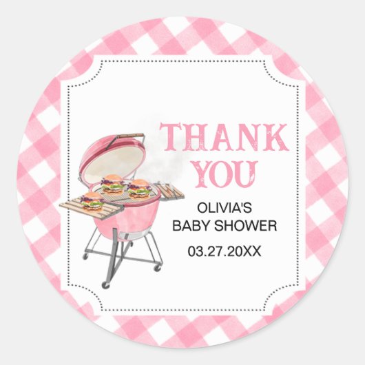 Sticker Rond Baby shower BBQ Burger Rose (Devant)
