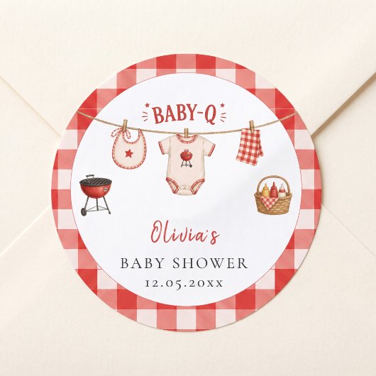 Sticker Rond Baby Shower BBQ Rustique Gingham Rouge