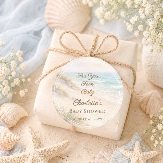 Sticker Rond Baby Shower beach coastal  Sea You Soon