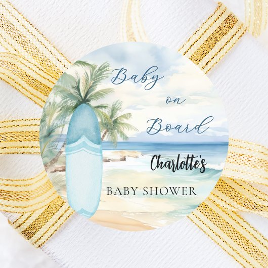 Sticker Rond Baby shower bébé à bord de la planche de surf