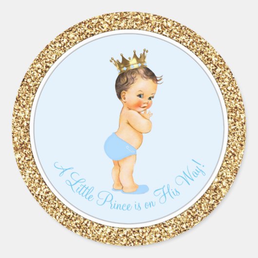Sticker Rond Baby shower Bébé Bleu Or Prince (Devant)