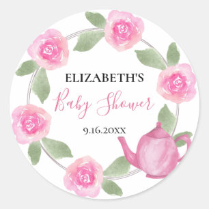 Sticker Rond Baby Shower Bébé en route Téière Rose Florale