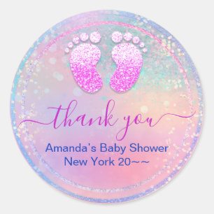 Sticker Rond Baby shower bébé fille Holographique Pieds rose