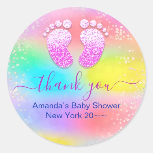 Sticker Rond Baby shower bébé fille Holographique Unicorn pieds (Devant)