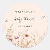 Sticker Rond baby shower beige rose pêche fleur sauvage (Devant)