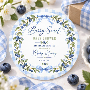 Sticker Rond Baby shower Berry Sweet Gingham bleu Myrtille