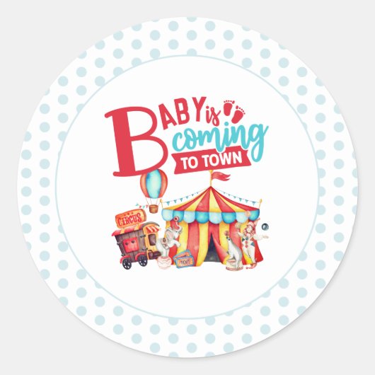 Sticker Rond Baby shower bleu Carnival Circus (Devant)