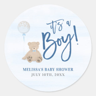 Sticker Rond Baby shower Bleu de l'ours en peluche