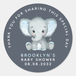 Sticker Rond Baby shower bleu éléphant Merci classique rond