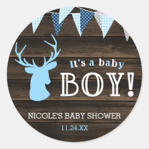 Sticker Rond Baby shower bleu en bois rustique de garçon de
