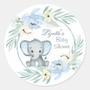 Sticker Rond Baby shower bleu floral Eléphant
