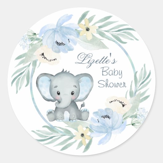 Sticker Rond Baby shower bleu floral Eléphant (Devant)