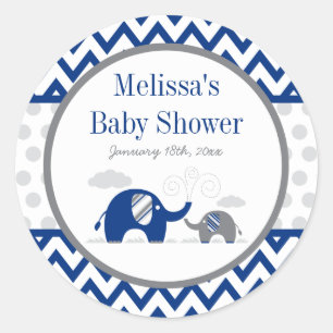 Sticker Rond Baby shower bleu gris de la marine éléphante