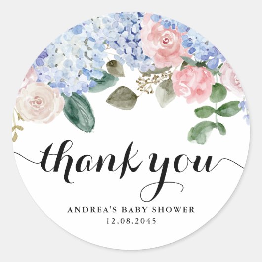 Sticker Rond Baby shower bleu Hydrangea et rose rose Merci (Devant)