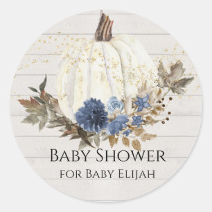 Sticker Rond Baby Shower Bleu Marine Floral Citrouille Bois Gri