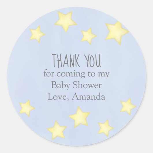 Sticker Rond Baby shower bleu Merci Jaune Étoiles Simple (Devant)