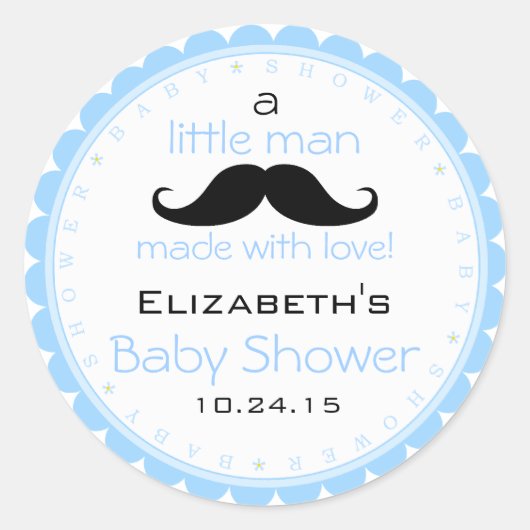 Sticker Rond Baby shower bleu moustache (Devant)