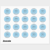 Sticker Rond Baby shower bleu Parties scintillant argent (Feuille)