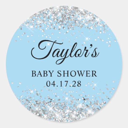 Sticker Rond Baby shower bleu Parties scintillant argent (Devant)