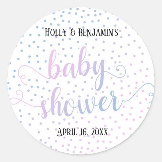 Sticker Rond Baby shower bleu rose Confetti, Noms et Date (Devant)