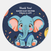 Sticker Rond Baby shower Blue Baby Elephant Party (Devant)