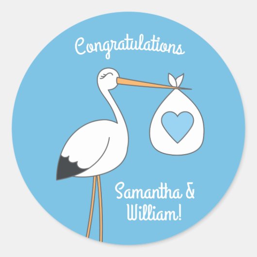 Sticker Rond Baby shower Blue Boy Stork (Devant)