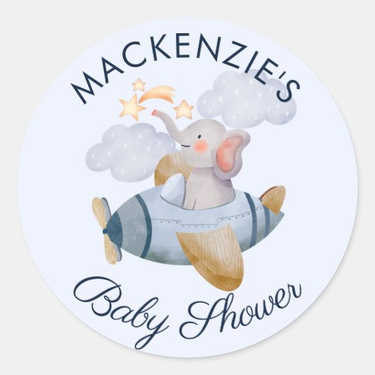 Sticker Rond Baby shower Blue Boy's Elephant Plane Classic Rou (Devant)
