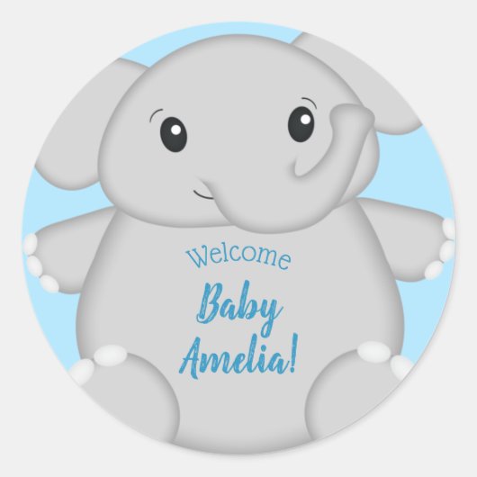 Sticker Rond Baby shower Blue Elephant (Devant)