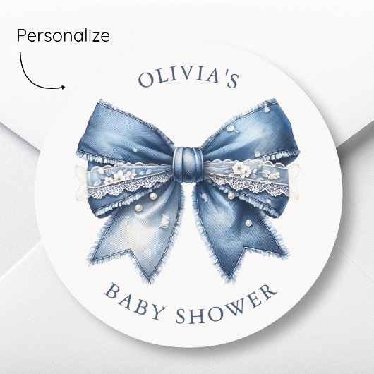 Sticker Rond Baby shower Blue Jean Denim Bow