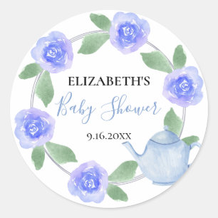Sticker Rond Baby shower Blue Teapot Floral Baby Boy est en tra