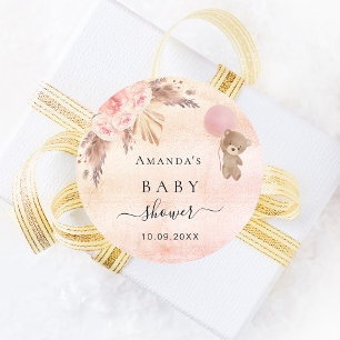 Sticker Rond Baby shower blush pampas herbe rose teddy