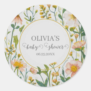 Sticker Rond Baby shower Boho rustique Fleur sauvage aquarelle