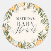 Sticker Rond Baby shower botanique d'agrumes d'orange rustique (Devant)