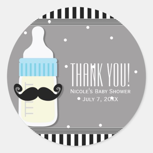 Sticker Rond Baby shower Bouteille & Moustache Faveur moderne (Devant)