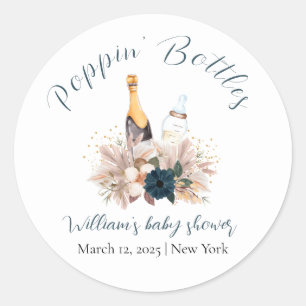 Sticker Rond Baby shower Bouteilles Champagne Poppin Blue Boho