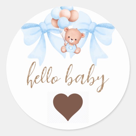 Sticker Rond Baby shower Brown Bear Blue Bow (Devant)