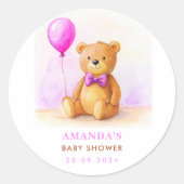 Sticker Rond Baby shower Brown Teddy Bear Balloon Pastel Pink (Devant)