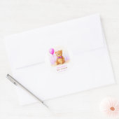 Sticker Rond Baby shower Brown Teddy Bear Balloon Pastel Pink (Enveloppe)