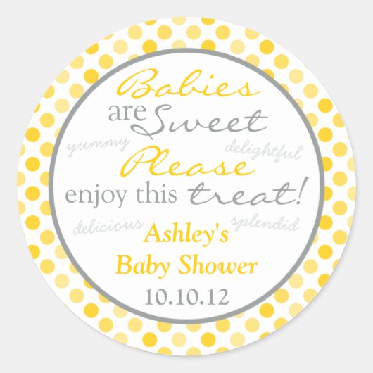 Sticker Rond Baby shower Buffet de bonbons à base de pois gris (Devant)