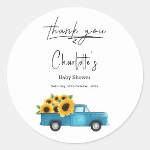 Sticker Rond Baby Shower Camion Aquarelle Avec Tournesols