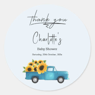 Sticker Rond Baby Shower Camion Aquarelle Avec Tournesols