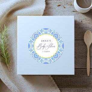 Sticker Rond Baby Shower Carrelage Bleu Italien Ligne Jaune