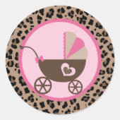 Sticker Rond Baby Shower Carrosse Rose et Léopard (Devant)