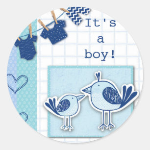Sticker Rond Baby Shower C'est Un Garçon Oiseaux Bleus