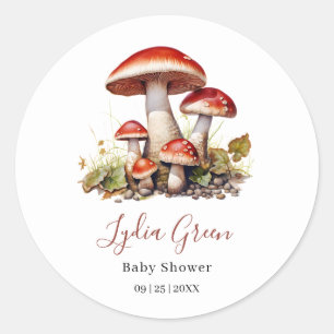 Sticker Rond Baby Shower Champignons, Baby Shower Mixte