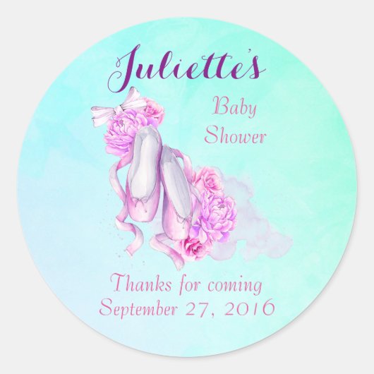 Sticker Rond Baby shower Chaussons Ballet Aquarelle Rose (Devant)