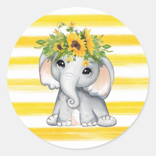 Sticker Rond Baby shower Chic SunFlower Elephant Stripes (Devant)