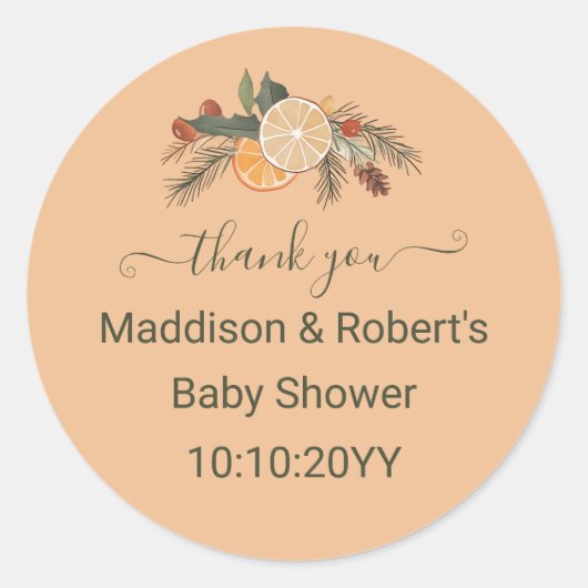 Sticker Rond Baby Shower Citron Sec Moderne d'Hiver (Devant)